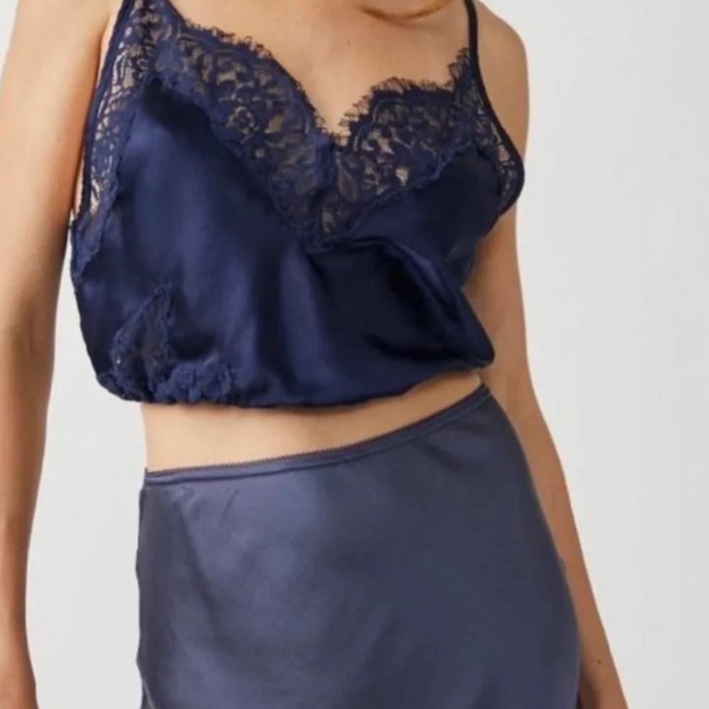 Intimately By Free People Navy Blue Ladies Lace Satin Chemise Size S Nwot